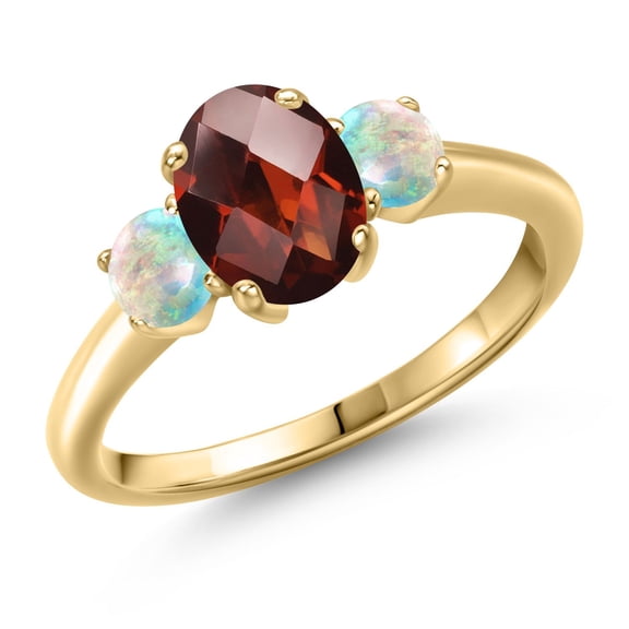 Gem Stone King 2.03 Ct Oval Checkerboard Red Garnet White Simulated Opal 18K Yellow Gold Plated Silver Ring (Size 7)
