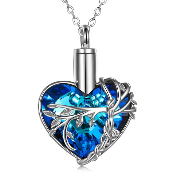 Onefinity Urn Necklace for Ashes Silver Blue Crystal Heart Pendant Jewelry Funeral Gifts for Woman