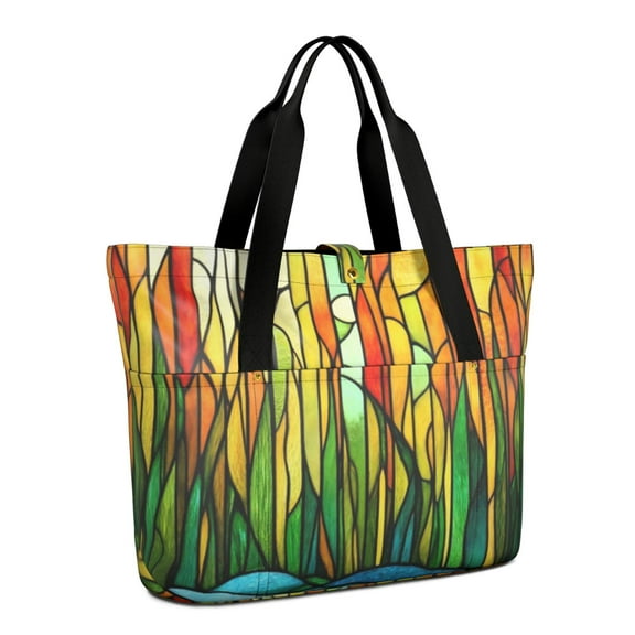 Tote Bag for Women - Stained Glass Landscape Shoulder Bag - Large Utility Work Duffle Bag with Zipper Handbag for Travel, Work, Sprots
