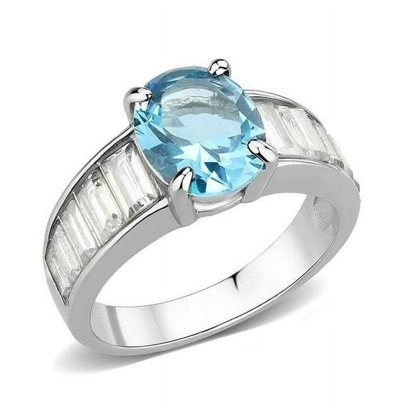 Alamode TK3779-6 High Polished No Plating Stainless Steel Ring with Synthetic Stone, Sea Blue - Size 6