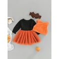 thumbnail image 4 of Qiylii 3 Pieces Baby Halloween Outfits Set, Pumpkin Letter Dots Print O-Neck Long Sleeve Dress+ Solid color Waistcoat+ Headband, 0-3 Years, 4 of 9