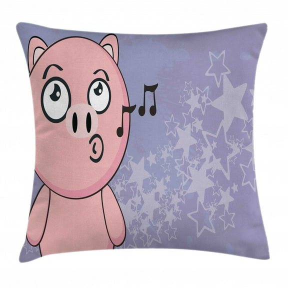 Pig Throw Pillow Cushion Cover, Singing Farm Animal on a Grunge Background with Star Motifs, Decorative Square Accent Pillow Case, 24" X 24", Dark Ceil Blue Pale Pink Charcoal Grey, by Ambesonne