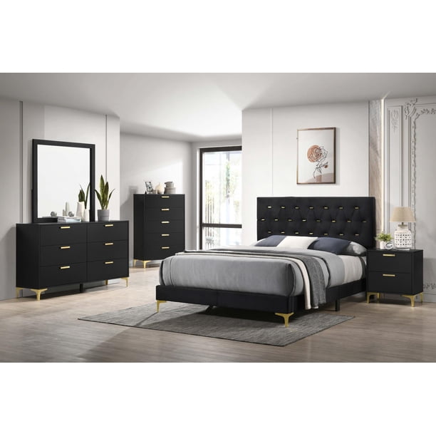 Kendall 5-piece Tufted Panel Eastern King Bedroom Set Black and Gold ...