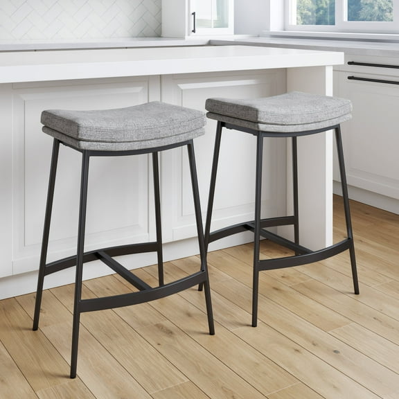 Nathan James Arlo Modern Backless Upholstered Kitchen Counter Bar Stool with Double-Layered Saddle Seat and Black Metal Base, Grey/ Matte Black, Set of 2