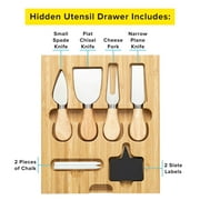 Tasty Natural Bamboo Cheese Board and Charcuterie Tray with Hidden Drawer, Utensils, Markers, and Chalk, 13 x 13