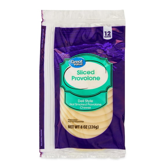 Great Value Deli Style Sliced Non-Smoked Provolone Cheese, 8 oz Package, 12 Slices