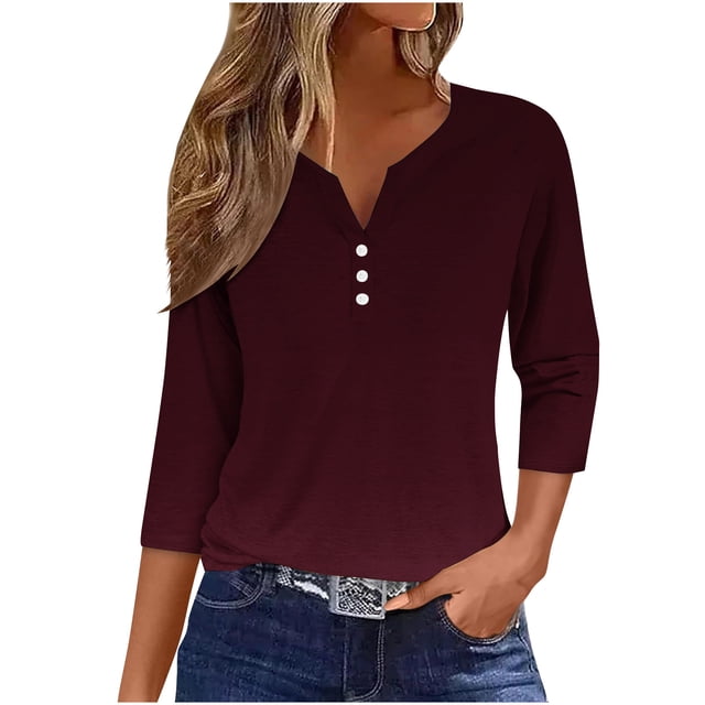 Timegard 3/4 Sleeve Length Women Tops Notched V Neck Button Dressy Casual Tunic Tops Fall Solid Color