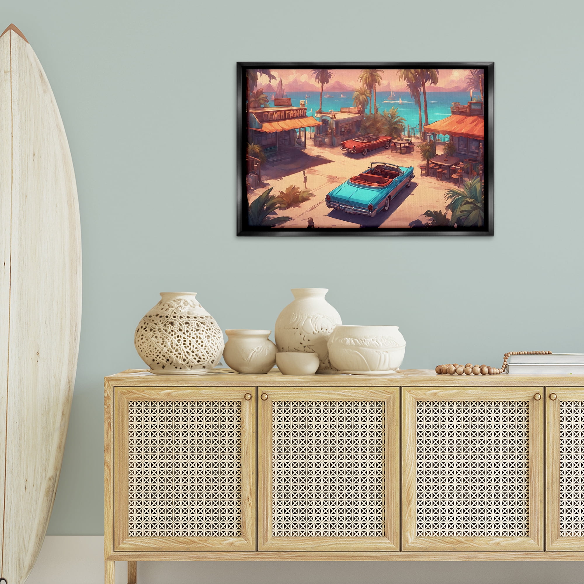 Stupell Industries Bright Beach Hues View Transportation Painting Black Floater Framed Canvas Art Print Wall Art, 31 x 21