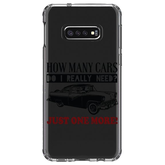 DistinctInk Clear Shockproof Hybrid Case for Samsung Galaxy S10e (5.8" Screen) - TPU Bumper Acrylic Back Tempered Glass Screen Protector - How Many Cars Do I Need? Just One More