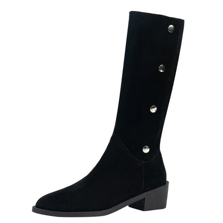 

Fsqjgq Sequin Thigh High Boots for Women Ladies British Style Solid Color Suede Buckle Heel Fashion Long Boots High Heels Shoes Black 40