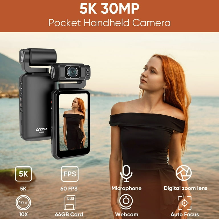 ORDRO M3 5K Camcorder 4K/60fps Handheld Video Camera 3-Axis Stabilization with 180°Flippable Touch Screen 3.5" Rotatable Touchscreen for Photography Youtube