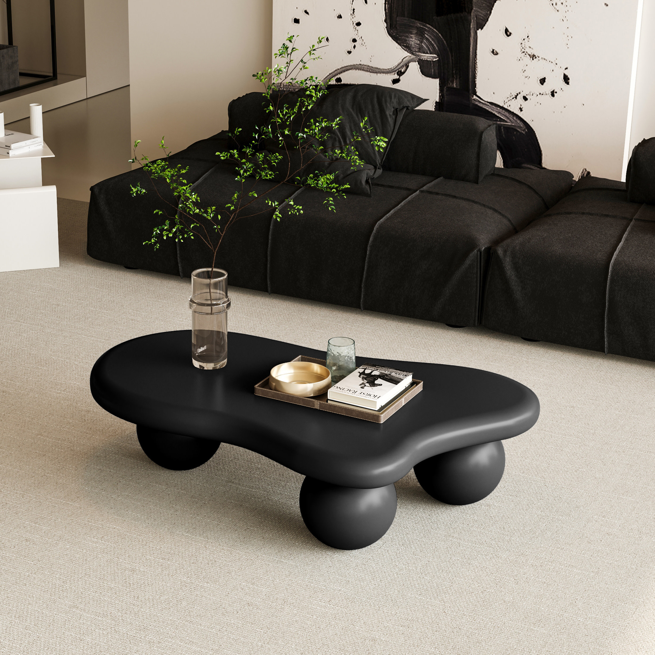 Noble House 40" Cloud Shaped Coffee Table with Ball Legs, Modern Aesthetic Accent Table for Living Room, Black
