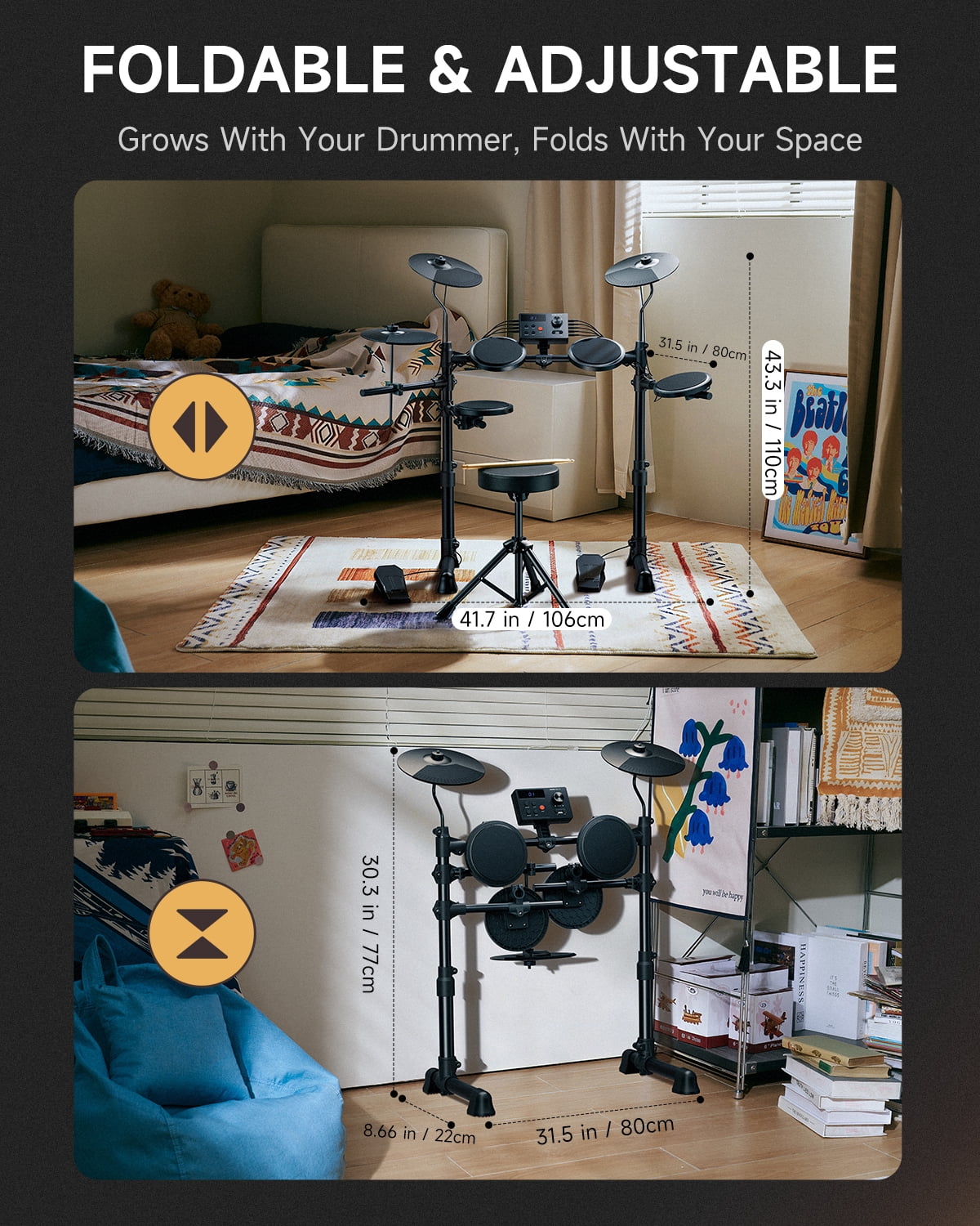 Donner   Electric Drum Set for Kids, with 150 Sounds, 15  Drum kits,  10 demo songs, 4 Quiet Silicone Pads, 9" Cymbals, Throne, Headphones, Sticks, Black