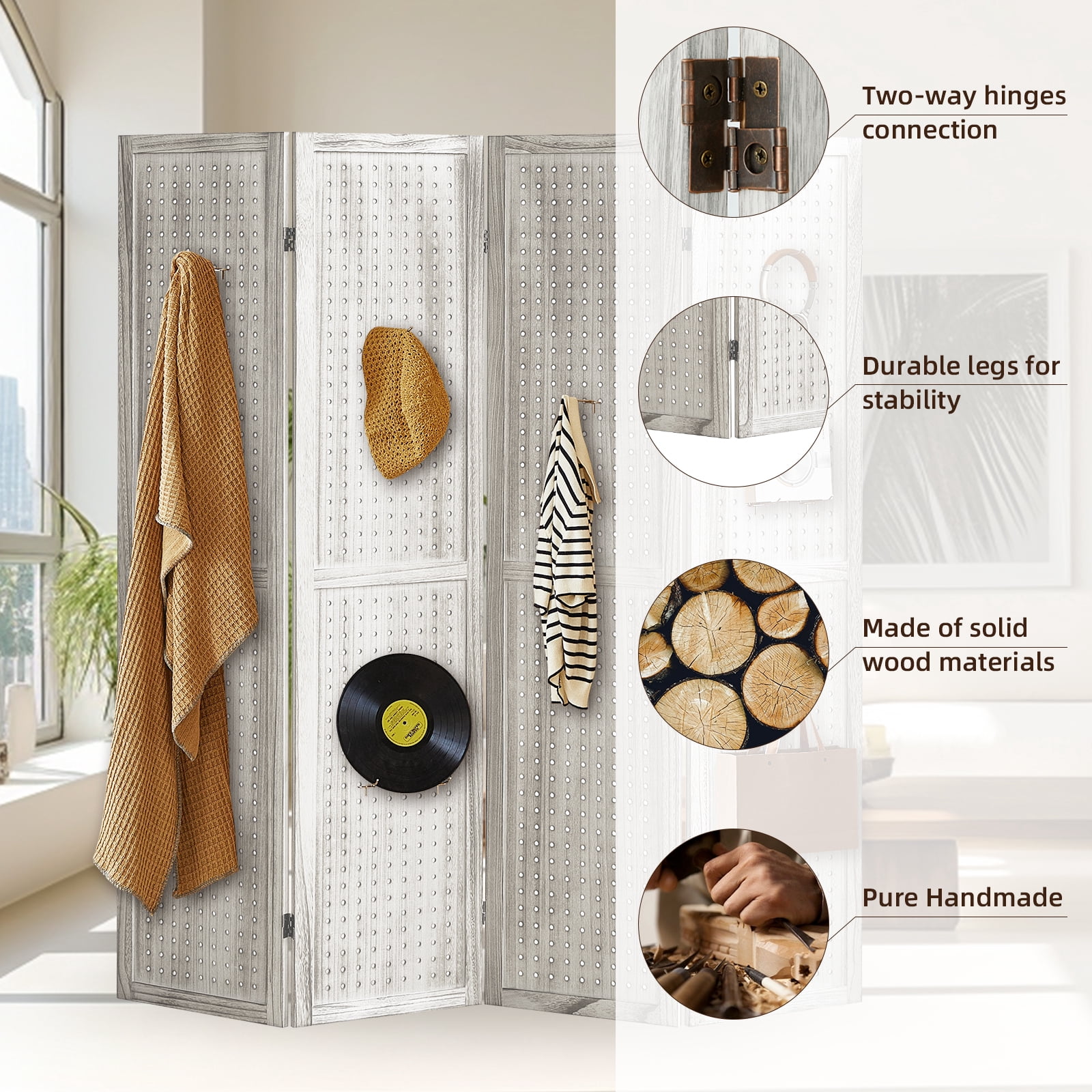Aletheiawu 4 Panel Display with 16 Hooks, Wood Room Divider Wall, No Installation, Light Brown