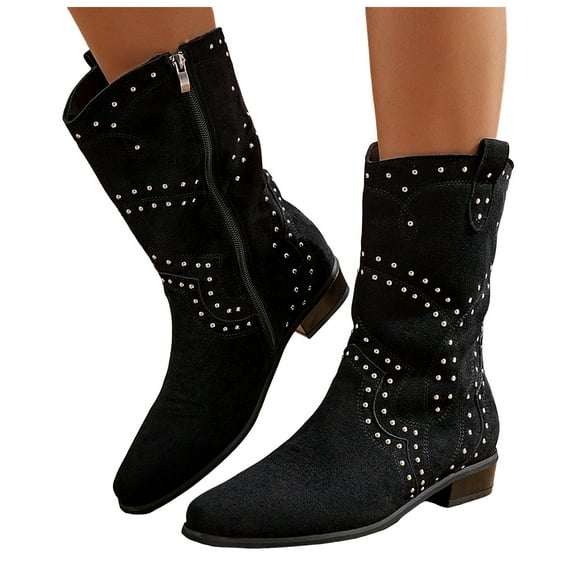 Womens Sparkly Rhinestones Wide Calf Cowboy Boots Winter Fall Suede Glitter Chunky Low Heel Mid Calf Cowgirl Dress Booties