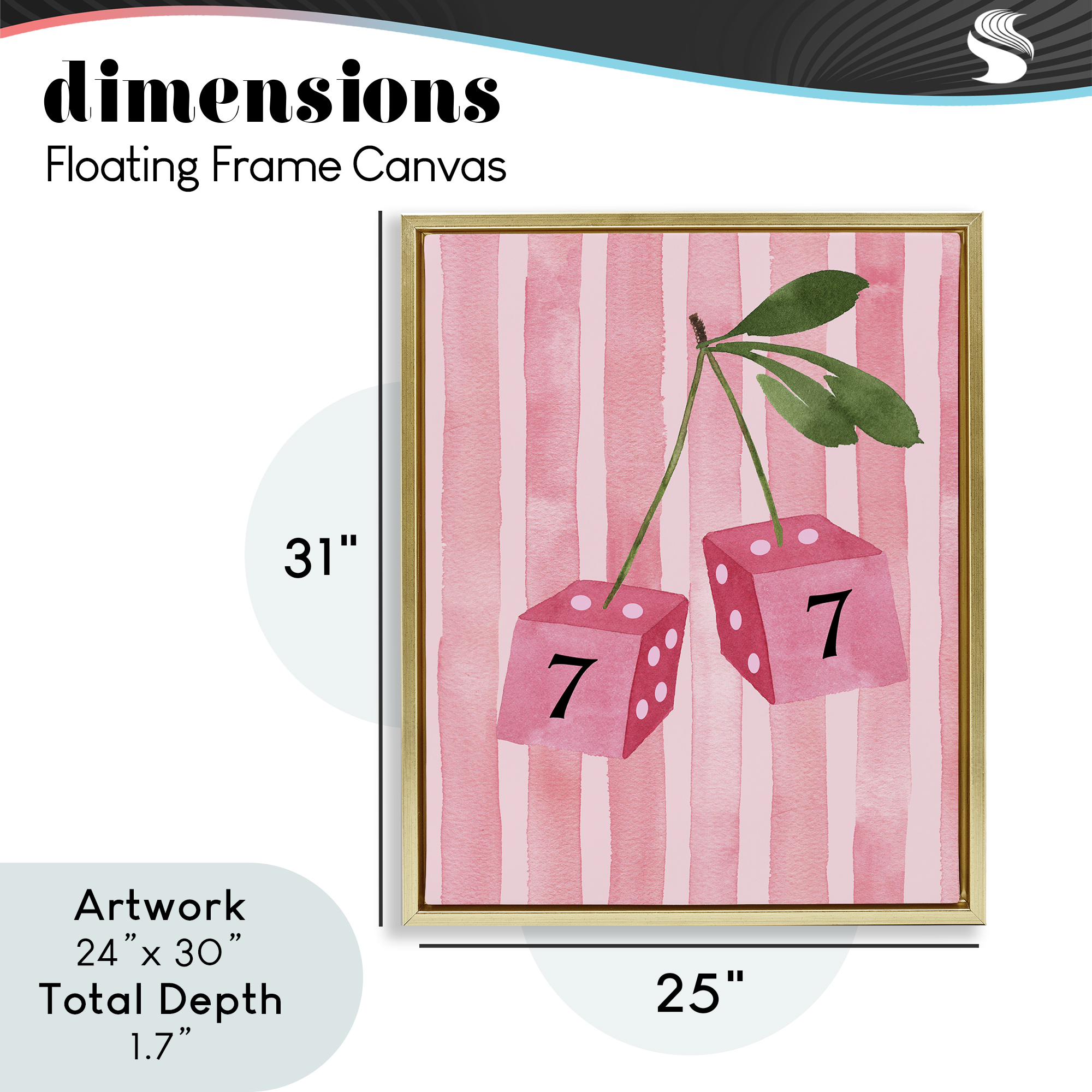 Lucky Number 7 Cherry Dice Gold Framed Floater Canvas Wall Art, design by Nina Jacobs
