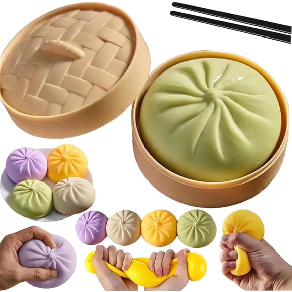 Dumpling Stress Relief Toy with Steamer Basket, Rainbow Dumpling Soft Squeeze Fidget Toy for Adults