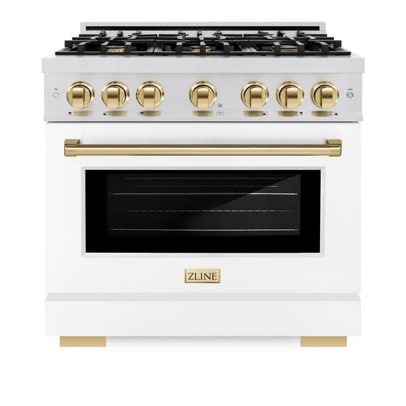 ZLINE Autograph Edition 36 in. 5.2 cu. ft. Gas Range with 6 Burner Cooktop and Convection Gas Oven in DuraSnow Stainless Steel with White Matte Door and Polished Gold Accents (HGRSZ-WM-36-G)