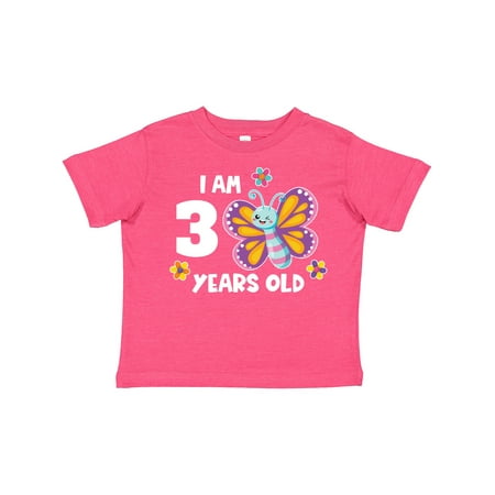 

Inktastic I Am 3 Years Old Cute Smiling Butterfly with Flowers Girls Toddler T-Shirt