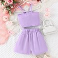 thumbnail image 4 of Girls Summer Outfits Kids Cotton Solid Color Suspender Sleeveless Floral Top Shorts 2Pcs Set Girl Baby Clothes Purple 4 Years-5 Years, 4 of 6