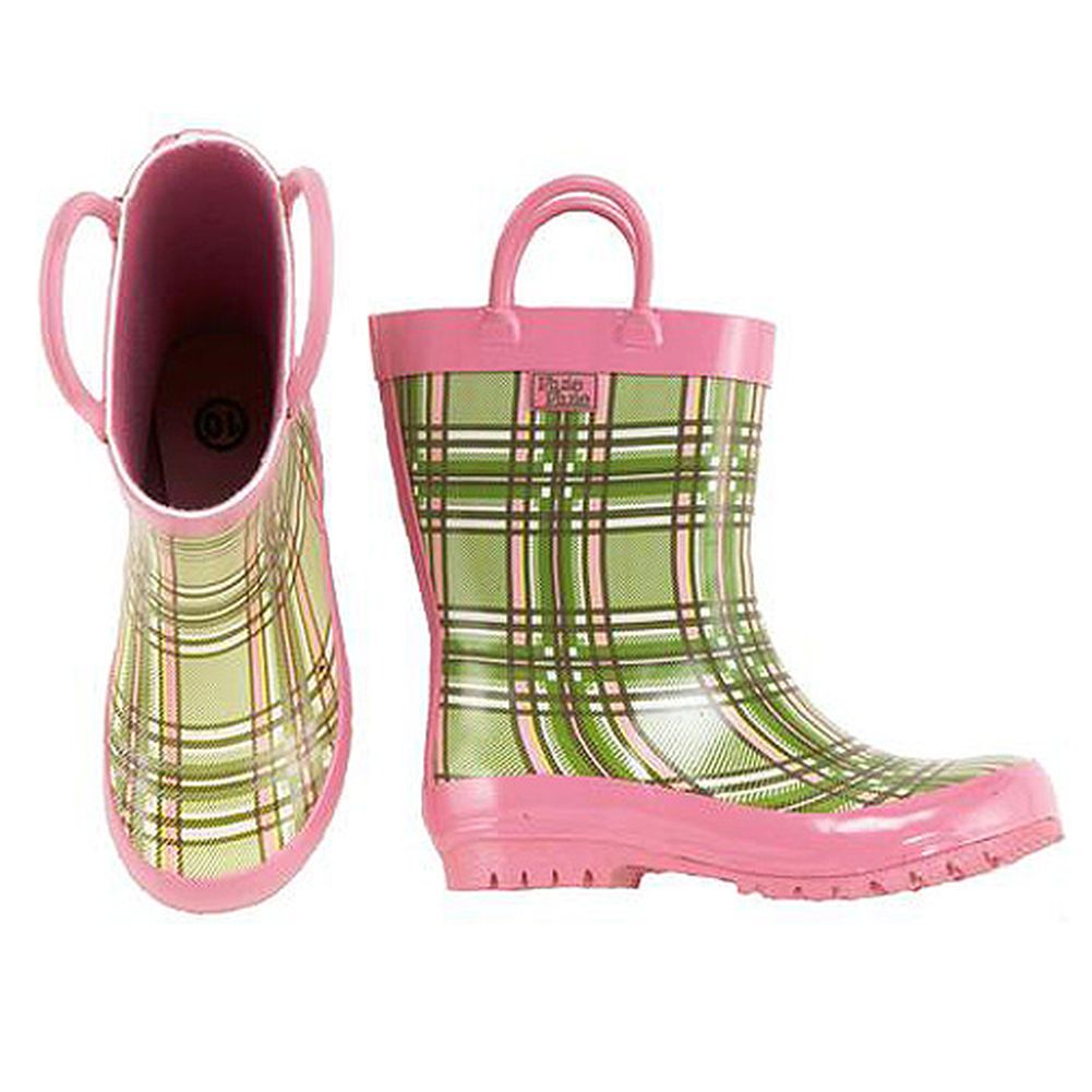 pink and green rain boots