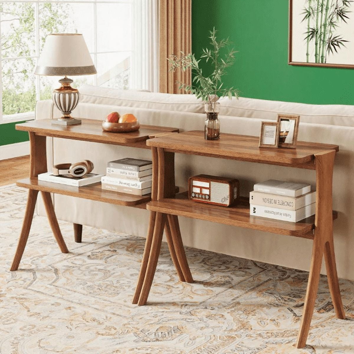 2-Tier Narrow Side Table, Walnut Wood Grain, Herringbone Legs for Living Room/Bedroom/Entryway