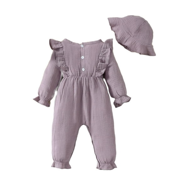 FAIWAD Baby Girls Ruffle Long Sleeve Bodysuit Round Neck Casual Pleated Rompers Patchwork Bow with Hat