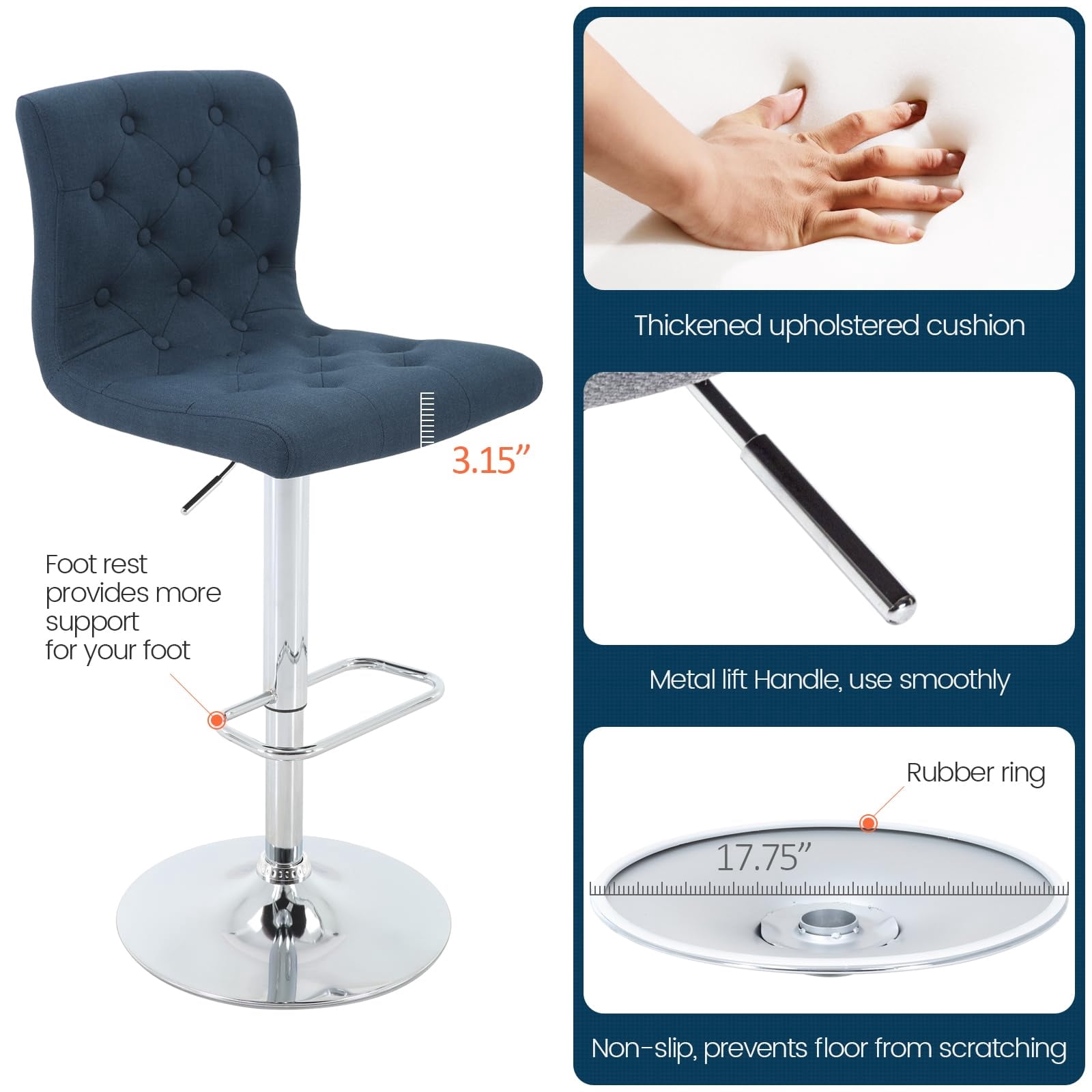 Modern Upholstered Bar Stool with Back Set of 2, Armless 360° Swivel Adjustable Height Linen Padded Bar Chair for Kitchen Island, Dining Room, or Café (Dark Blue)