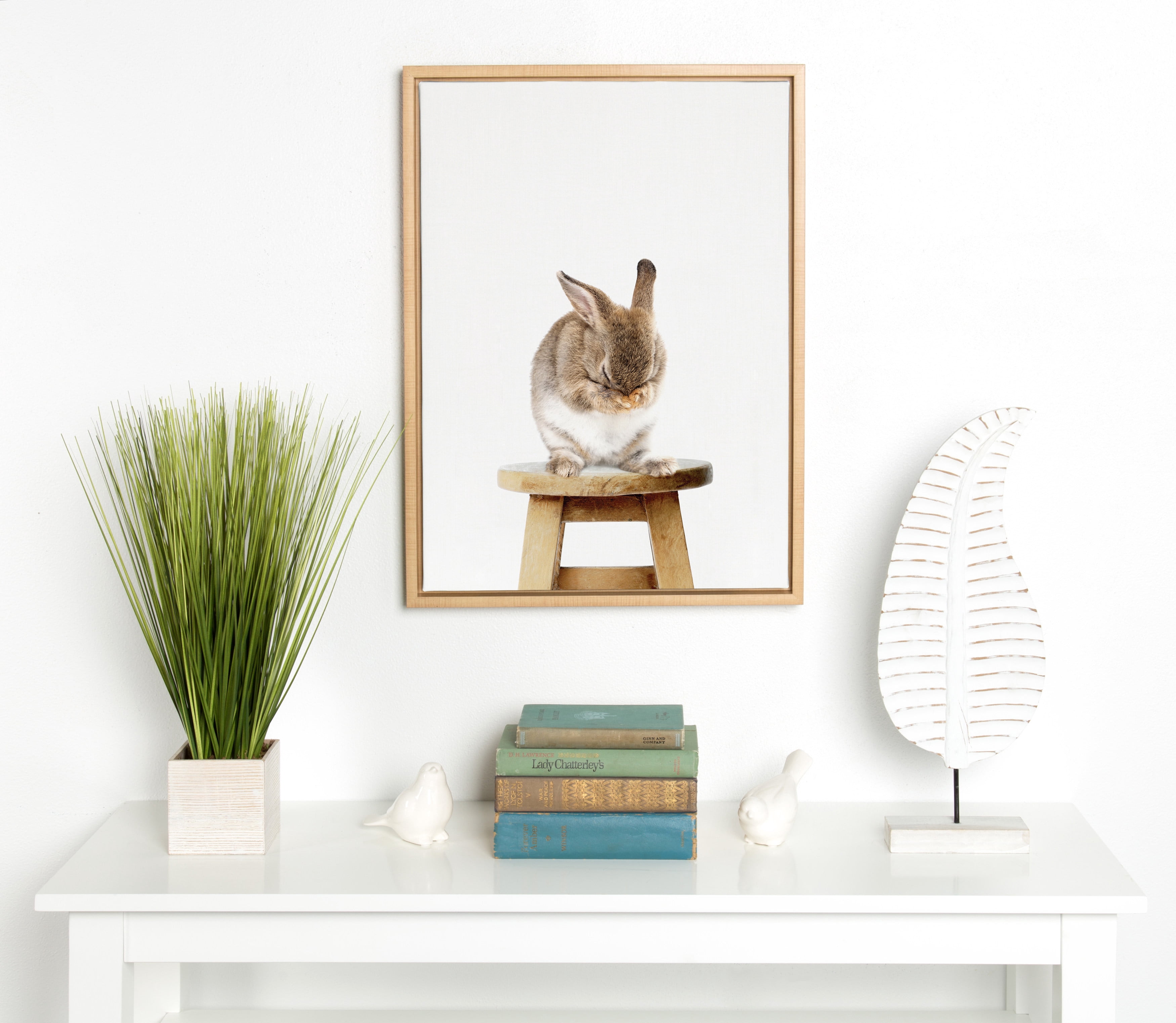 Kate and Laurel Sylvie Shy Bunny Rabbit Animal Print Portrait Framed Canvas Wall Art by Amy Peterson, 18x24 Natural