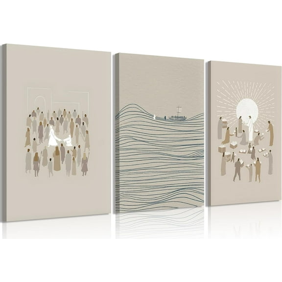 Hieng Beige Modern Christian Wall Art Minimalist Bible Sketches Posters Prints Jesus Heals Canvas Pictures Jesus and Peter Walking on Water Painting Wall Decor（Only canvas）