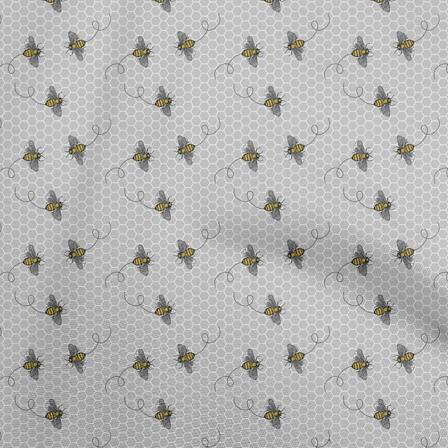 oneOone Rayon Light Gray Fabric Honey Bees With Hexagon Texture Sewing Craft Projects Fabric Prints By Yard 56 Inch Wide