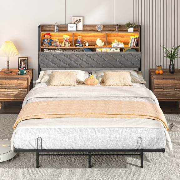 ANPOO Queen Size Floating Bed Frame with LED Light & Charging Station, Platform Bed with Storage Headboard,No Box Spring Needed