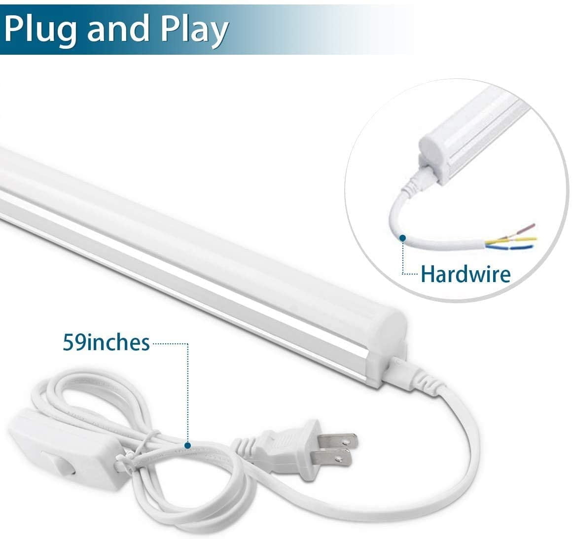 6 Pack LED T5 Integrated Single Fixture, 4FT, 2200lm, 3000K (Warm White), 20W, Utility Shop Light, Ceiling and Under Cabinet Light, ETL Listed, Grow Light with Built-in ON/Off Switch
