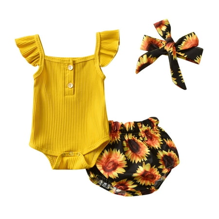 

Baby Clothes Set Ribbed Ruffled Romper+Floral Sunflowers Shorts Toddler Outfits