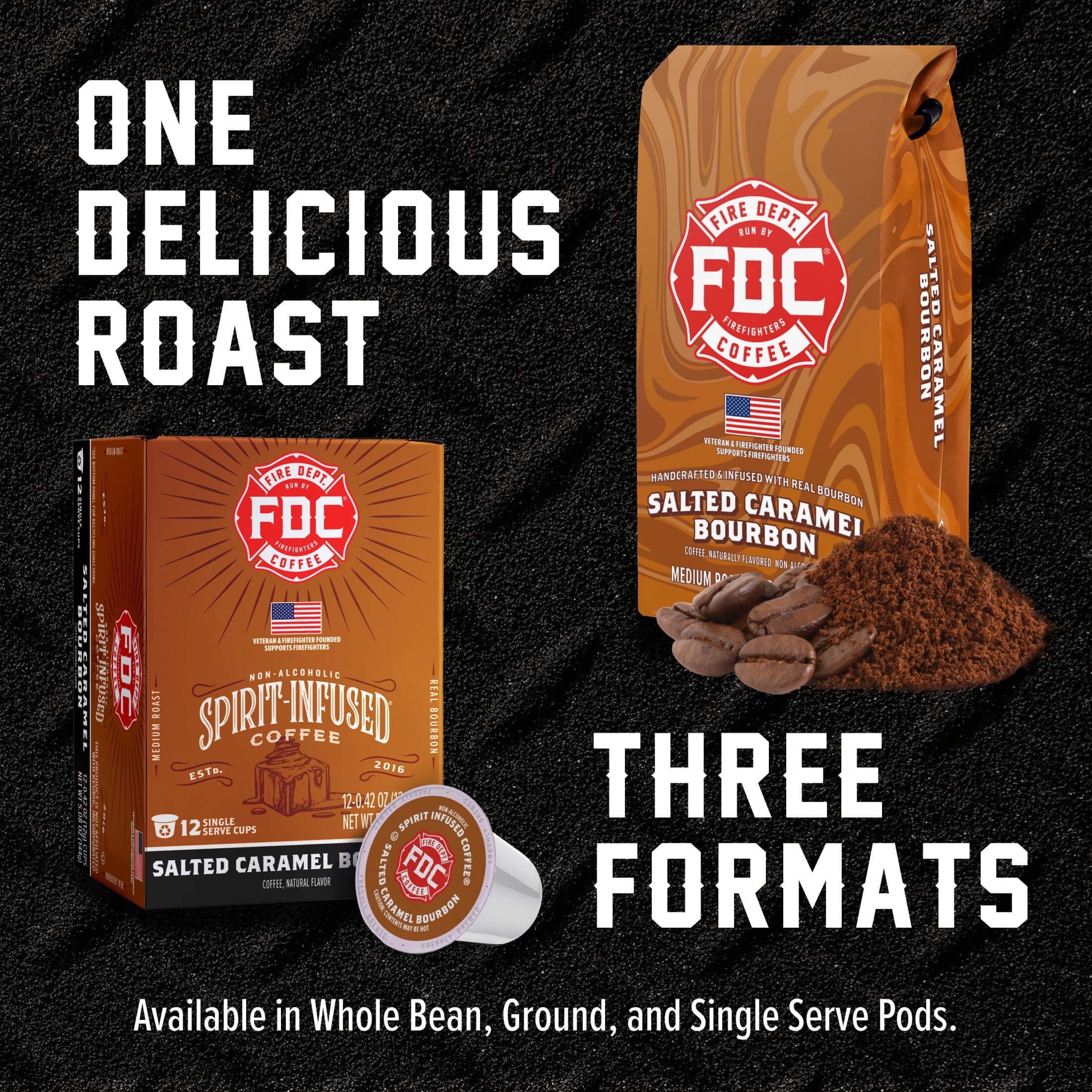 (6 pack) Fire Department Coffee, Salted Caramel Bourbon Infused, Premium Ground Coffee, Medium Roast 12 oz.