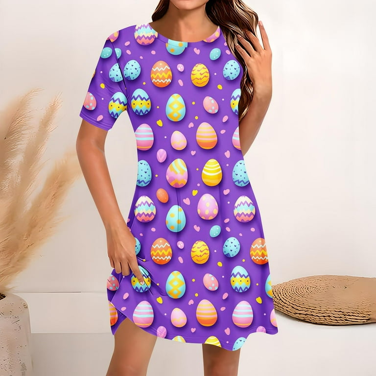 Hyknon Womens Easter Dresses 2025 Summer Fashion Loose Fitting A-line Flowy  Holiday Dresses Round-Neck Short Sleeved Easter Printed Pullover Knee  Length Dresses - Walmart.com