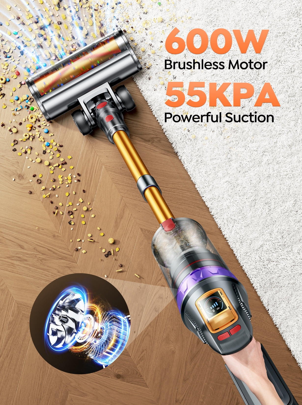 Buture VC90 Mattress Mite Removal Cordless Stick Vacuum Cleaner, 650W 65KPA Strong Suction, 60Mins Runtime for Carpets Pet Hairs Hard Floor