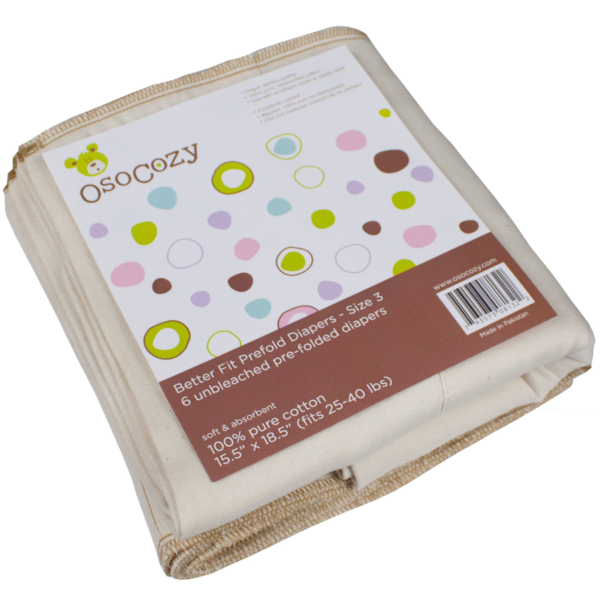 OsoCozy Better Fit Unbleached Prefold Cloth Diapers -100% Cotton
