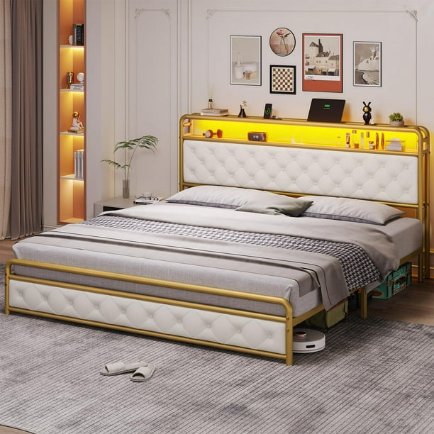 King Size Bed Frame with LED Light Headboard,Upholstered Platform Bed ...