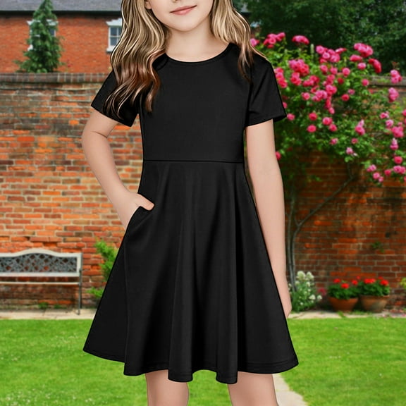 BRGZLK Summer Dress for Girls Cute Solid Short Sleeve Round Neck Flutter A-Line Mini Dresses Casual Everyday Dresses Black 4-5 Years