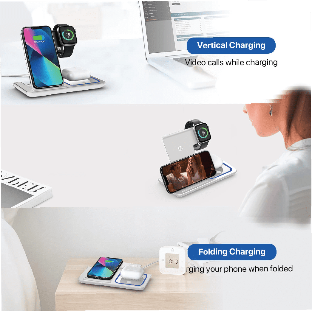 3-in-1 Foldable Wireless Charging Station, Fast Charging Stand for Phone, Smartwatch & Earbuds, Portable Compact Charger Compatible with Qi-Enabled Devices