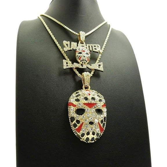 ICED SLAUGHTER GANG & JASON MASK GOLD PLATED PENDANT & CHAINS HIP HOP STYLE BLING JEWELRY 2 NECKLACE SET