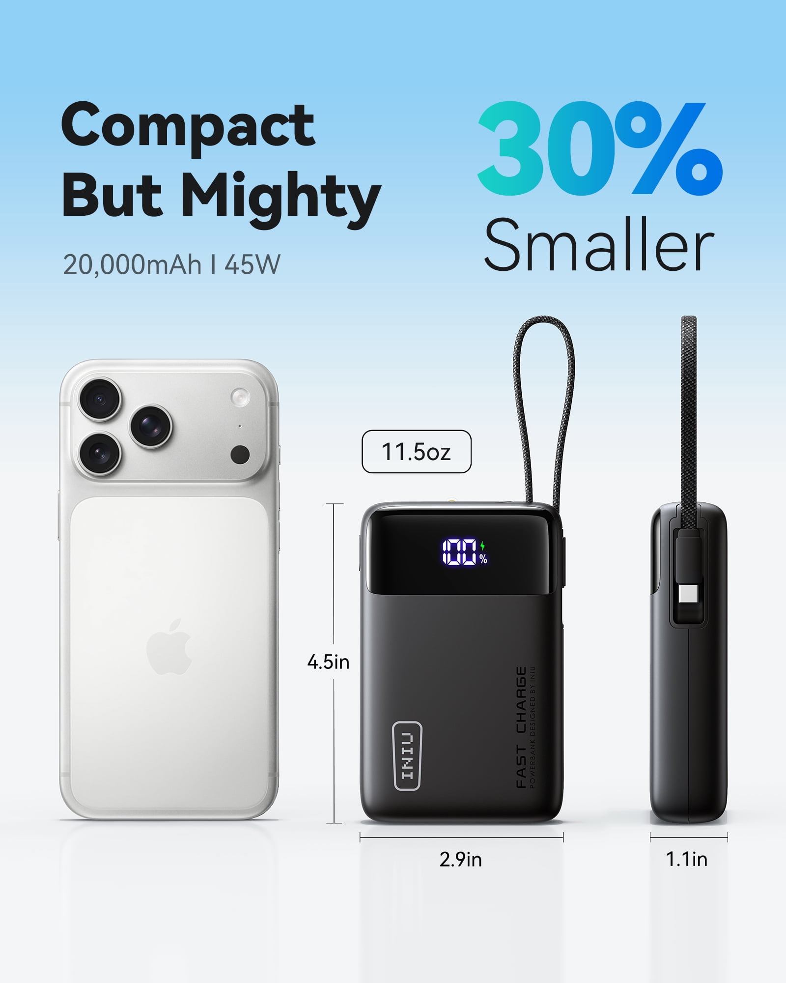 INIU 20,000 mAh Portable Power Bank with Built-in Cables, 45W Fast Portable Charger with USB-C, Battery Pack with LED Display Compatible with iPhone and Android Phone,Hiking,Travel Essentials,Black