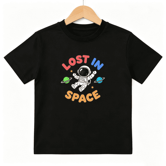 Lost In Space Cute Astronaut Boys Graphic Tee, Funny Planet 100% Cotton Kids Short Sleeve T-Shirt 4-13Y
