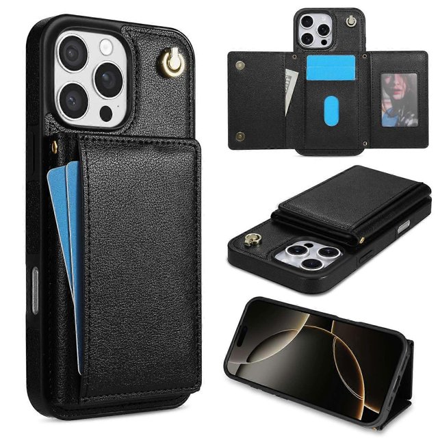 BKS-003 For iPhone 16 Pro Case Tri-Fold Card Holder Kickstand TPU Leather Back Cover with Shoulder S