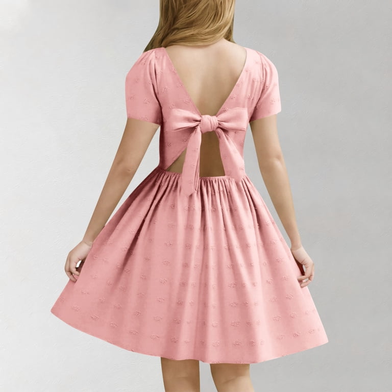 cute summer dresses for juniors cheap SHEIN Kids Tween Girls Dresses,Spring/Summer Ruched Textured Jacquard Fabric Puff Sleeve Backless Dress,Design With Butterfly Pattern Beach Yellow Cute