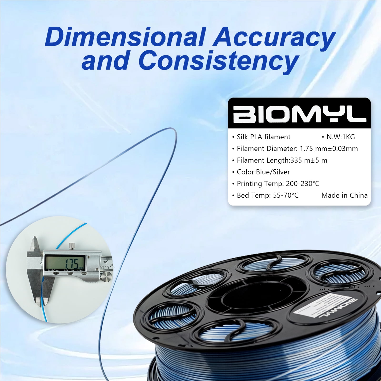 BIOMYL PLA 3D Printer Filament, PLA Filament 1.75mm Dual Blue/Silver Color Filament Silk PLA, 1kg Spool, Accuracy +/- 0.03mm