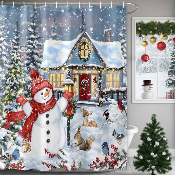 Christmas Shower Curtain Winter Snowman Shower Curtains for Bathroom Winter Holiday Xmas Decor, Waterproof Shower Curtain Set with Hooks, Extra Long 72" x 84" Snowflake Merry Christmas Tree