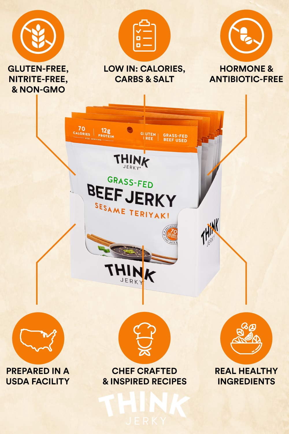 Think Jerky, Sesame Teriyaki Beef Jerky (1.0 Ounce Bags, Pack of 12 Bags) - Delicious Chef Crafted Jerky, Grass-Fed Beef Jerky, Gluten Free, No Antibiotics or Nitrates - Healthy Protein Snack, Low Cal