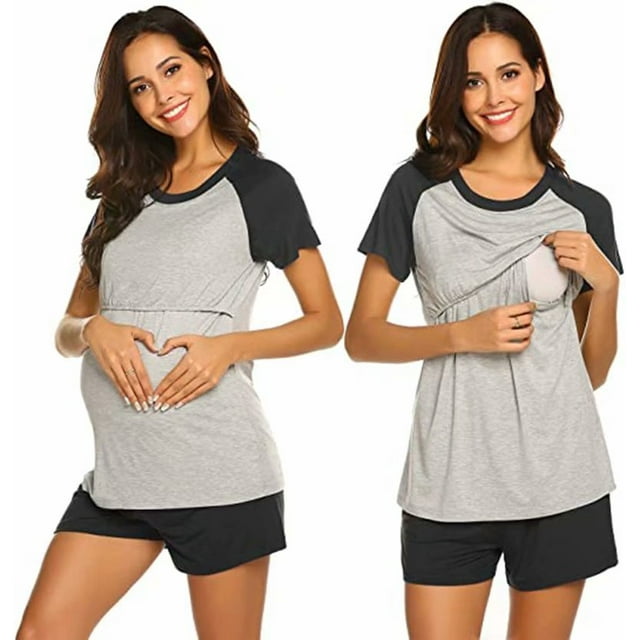 Pyjamas de Maternité pour Femmes Allaitement pour Hôpital Manches Raglan Courtes Baseball Grossesse Vêtements de Nuit Noir m